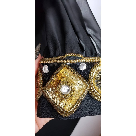 VTG Ursula Switzerland Petite Black Sheer Long Sleeve Gold Beaded Cocktail Dress - Picture 8 of 15